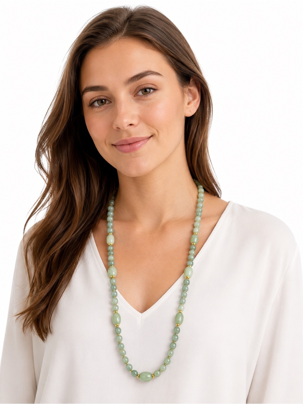 Vintage Trifari Lucite Beaded Necklace – Pale Green Gold Tone Long Necklace